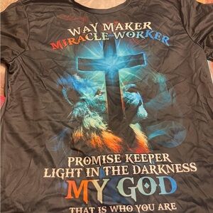 Graphic Religious T-Shirt with Cross and Wolf Design